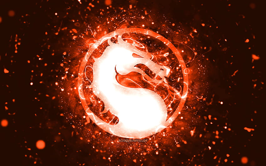 Mortal Kombat logo arancione, , luci al neon arancioni, creativo, astratto arancione, logo Mortal Kombat, giochi online, Mortal Kombat Sfondo HD