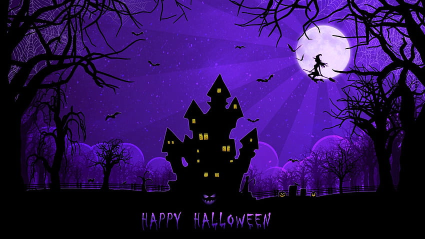 Fröhliches Halloween!, Schwarz, Fledermaus, Hexe, Lila, Halloween, Rosa, Mond, Fantasie, Luna, Herrenhaus HD-Hintergrundbild