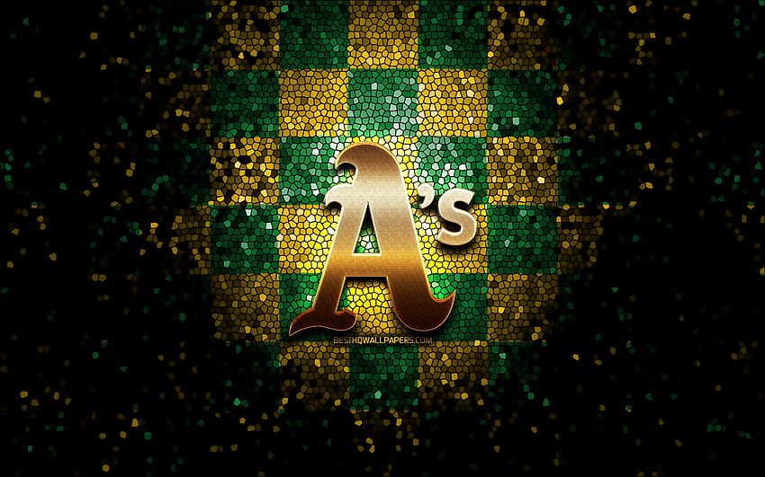 Oakland Athletics emblem, glitter logo, MLB, green yellow checkered background, american baseball team, Major League Baseball, mosaic art, baseball, Oakland Athletics HD wallpaper