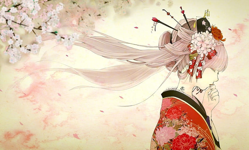 : meninas de anime, vermelho, Vocaloid, flor de cerejeira, japonês, Japanese Flower Art papel de parede HD