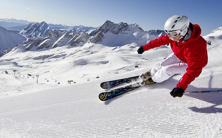 Спорт, планини, сняг, ски, алпийски ски, синьо небе, карвинг HD тапет