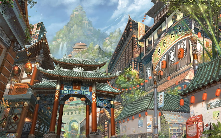 Art, Waterfalls, Asia, City, Building, Lights, Mountain, , , Lanterns, Bamboo HD wallpaper