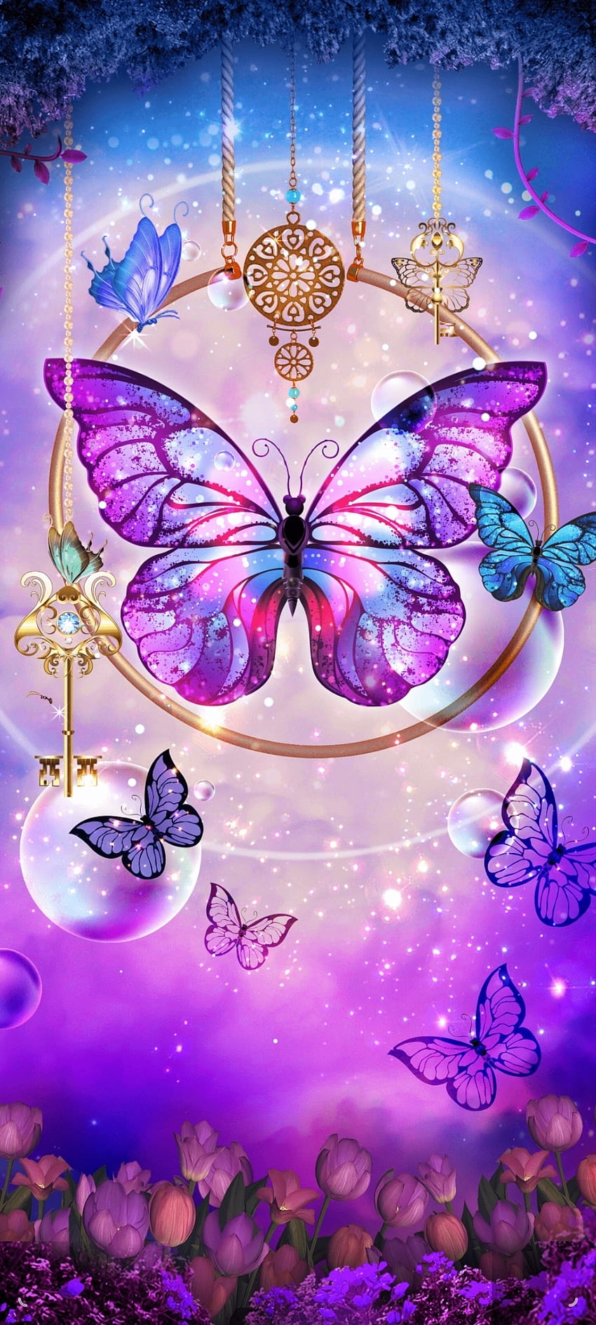 Butterfly Queen, jewelry, flowers, pastel, Pink, blue, light, Keys, luxury, purple HD phone wallpaper