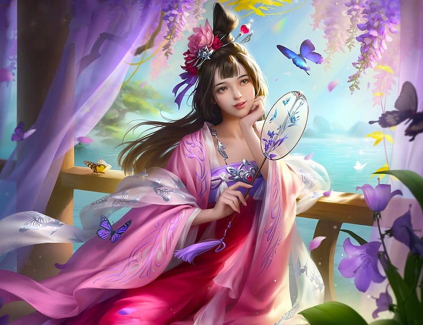 Kecantikan Asia, seni, fantasi, Asia, geisha, gadis, wanita, cantik, kupu-kupu, ungu, digital Wallpaper HD