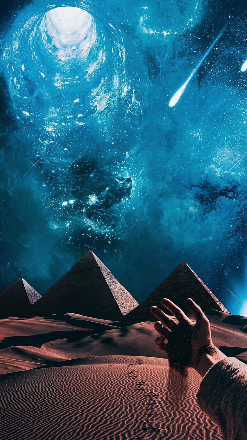 Pyramids, sky, sand, fantasy, egypt, desert, hand, pharaoh HD phone wallpaper