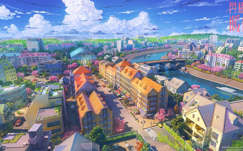 Anime Cityscape, Artwork, Buildings, Toon Shading, Clouds, Sepotong Kehidupan untuk MacBook Pro 15 inci, Sepotong Kehidupan Anime Wallpaper HD