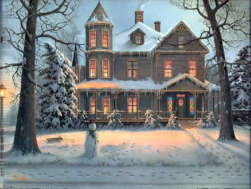 Frosty and Gingerbread, winter, snowman, snow, decorations, victorian, family home HD wallpaper