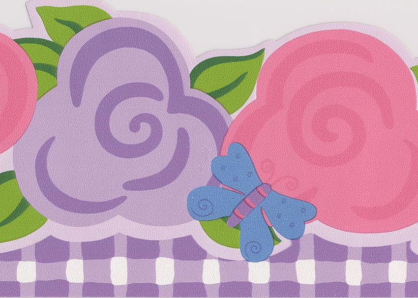 Borboleta Borboleta Azul com Flores Roxas Rosa para Banheiro Infantil, Rolo 15'' x 5'' papel de parede HD