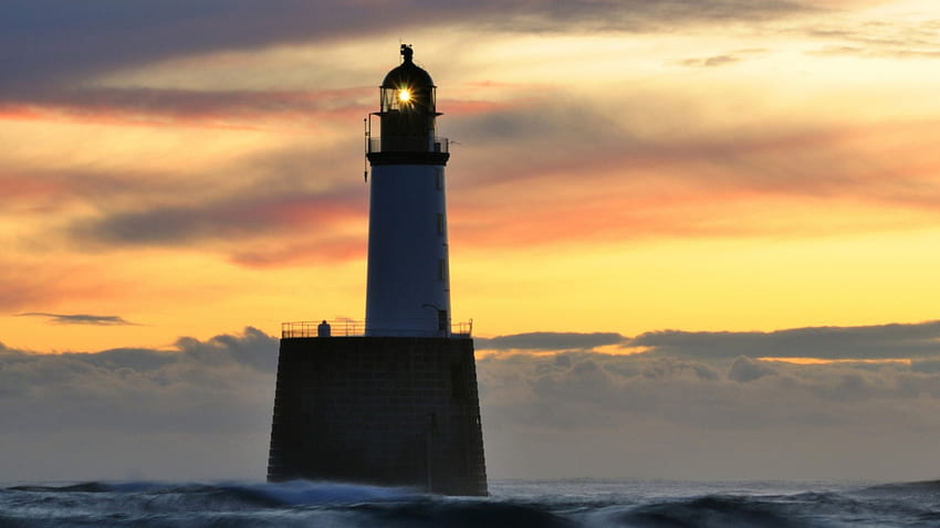 wonderful sea lighthouse, sea, lighthouse, waves, pier, sunset HD wallpaper