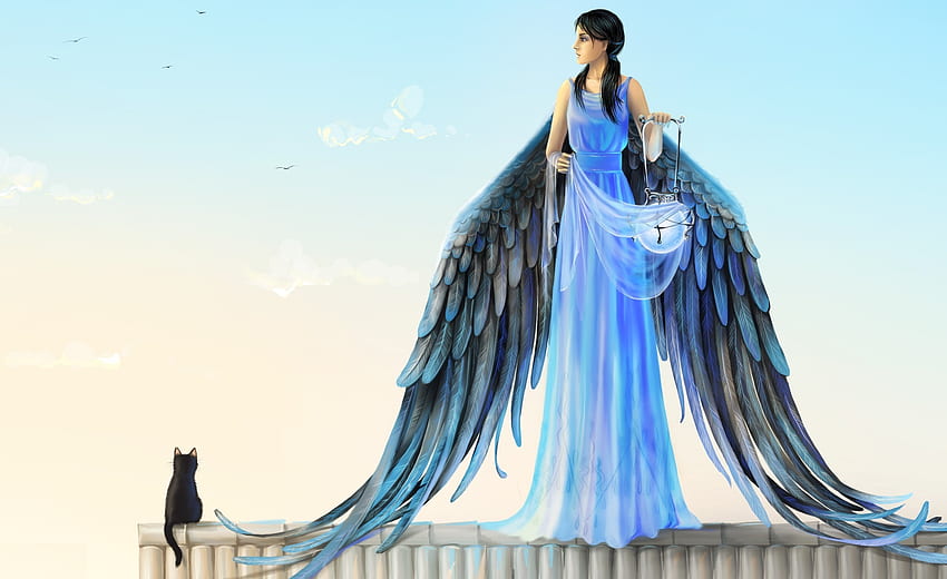 Art, Cat, Lamp, Girl, Wings, Roof, Angel HD wallpaper
