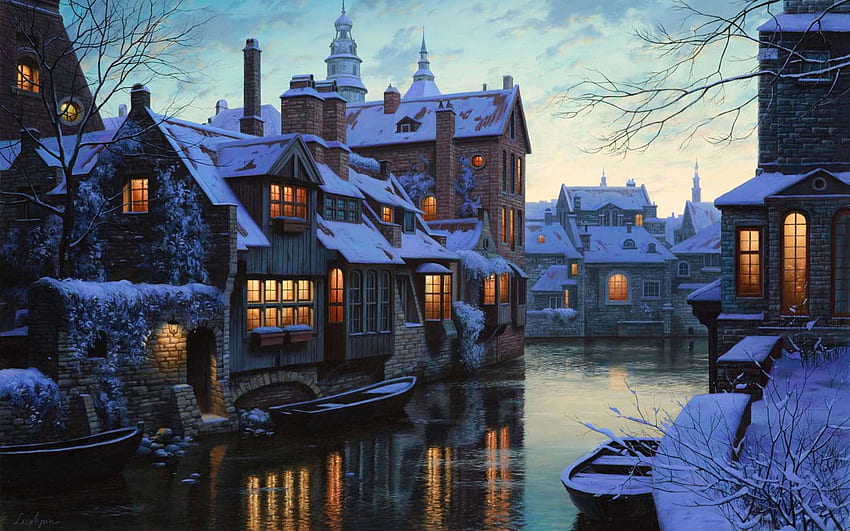 house and river painting HD wallpaper