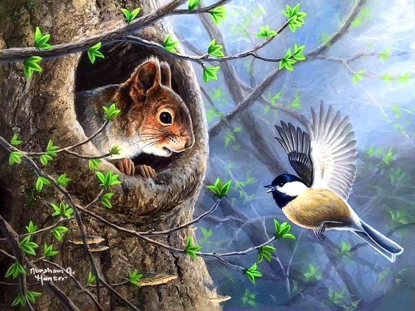 Green Buds of Spring, love four seasons, buds, bird, animals, paintings, spring, squirrel HD wallpaper
