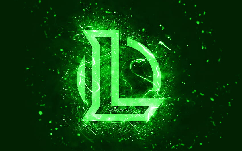 League of Legends green logo, , LoL, green neon lights, creative, green abstract background, League of Legends logo, LoL logo, online games, League of Legends HD wallpaper