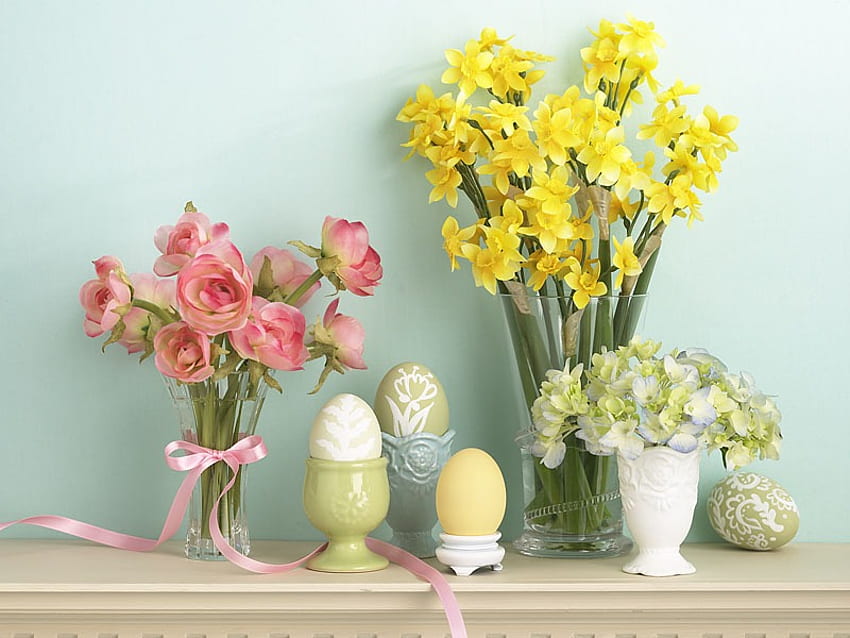 happy easter tedisoo, bouquet, slelf, vase, easter, flowers, pinkribbon, eggs, stilllife HD wallpaper