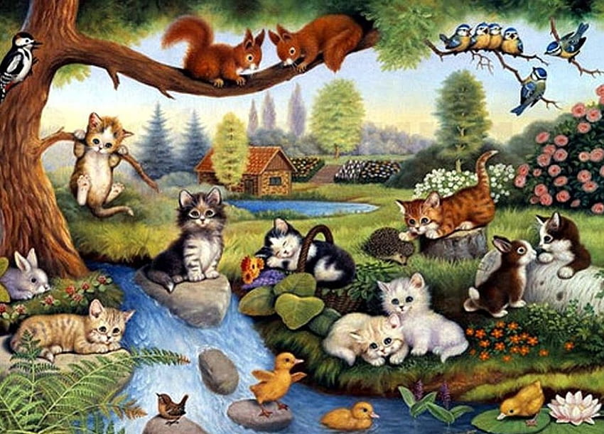 猫の休日、アートワーク、四十雀、絵画、リス、ウサギ、ひよこ、花、木 高画質の壁紙