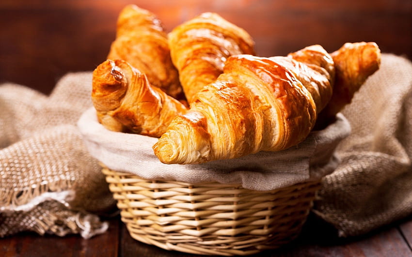 croissants, pastelería francesa, productos de panadería, conceptos de desayuno, pastelería con resolución. Alta calidad fondo de pantalla