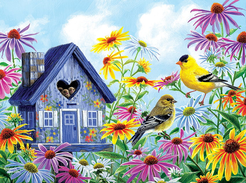 Summer house, art, abraham hunter, bird, house, summer, painting, pictura, flower, pasari, vara HD wallpaper