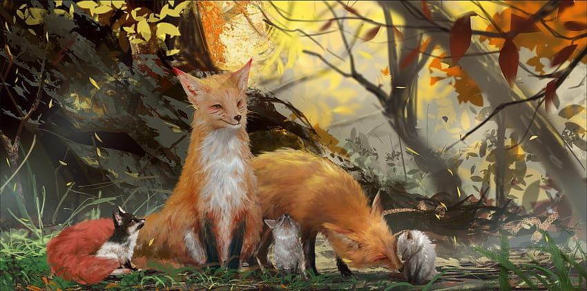 Fox family, art, fantasy, family, cute, vulpe, orange, fox HD wallpaper