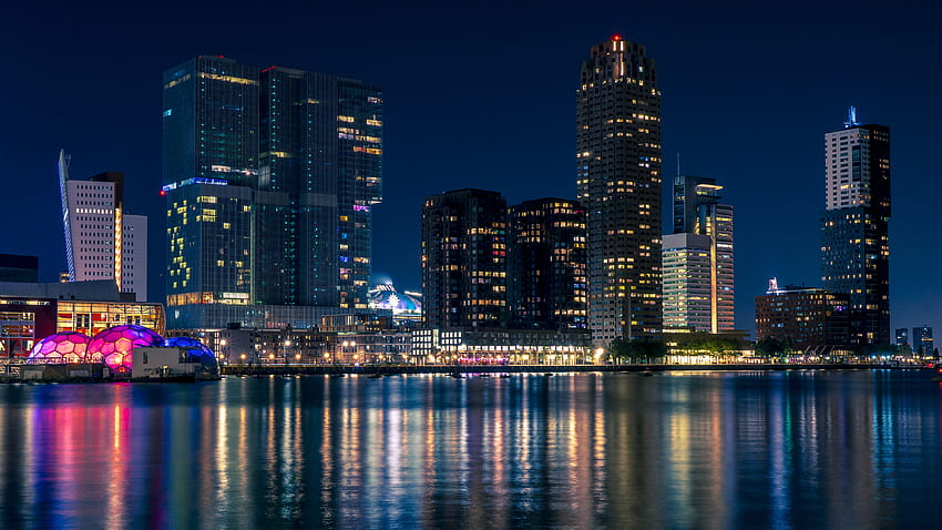 Skyline da cidade, Rotterdam, Holanda, paisagem noturna, paisagem urbana, massa de água, ultra papel de parede HD