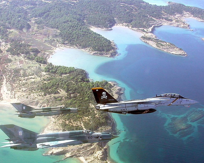 kater und f migs, f-14tomcat, formation, zwei kroatische mi g-21 fischbetten HD-Hintergrundbild