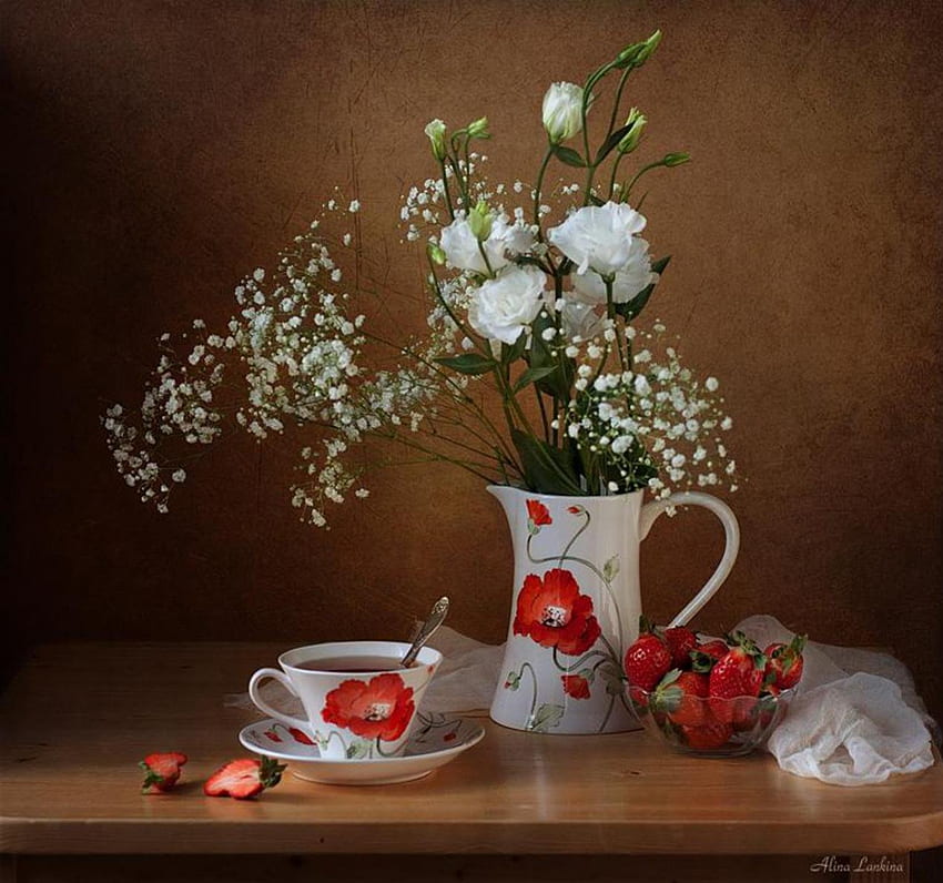 Stillleben, weiß, Tee, Vase, Spitze, Tasse, Jur, Natur, Blumen, Löffel HD-Hintergrundbild