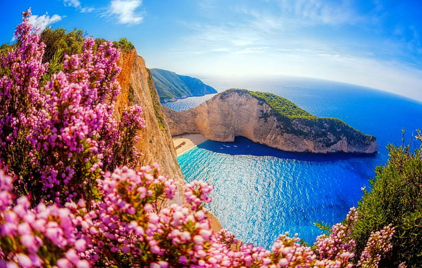 Zakynthos, pulau, laut, pantai, Yunani, firdaus, cantik, batu, musim panas, pemandangan, bunga, langit, perjalanan Wallpaper HD