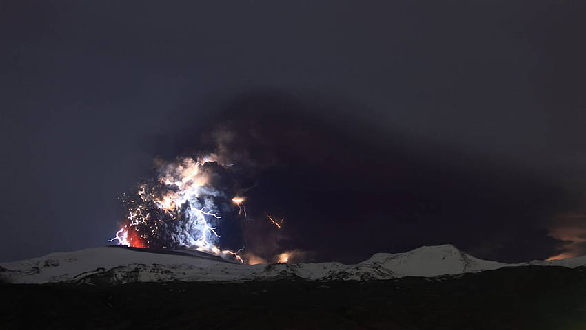 Мръсни гръмотевични бури, мръсен, Ейяфятлайокутъл, осветление, гръмотевична буря, вулкан, Исландия, природа HD тапет