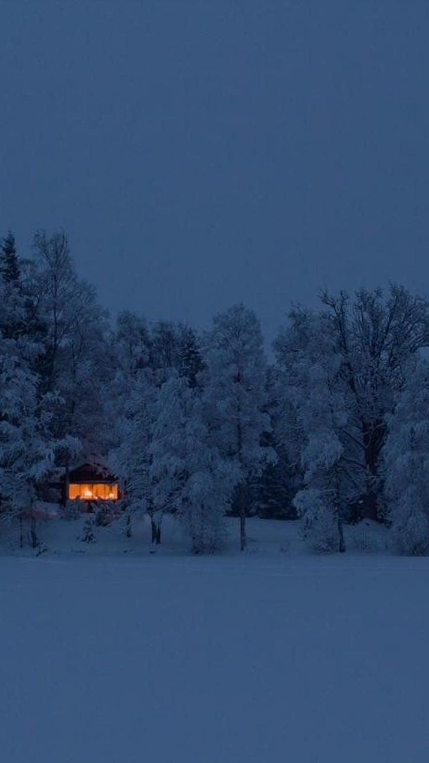 Нощна Швеция къщи мъгла Европа острови евъргрийни HD тапет за телефон