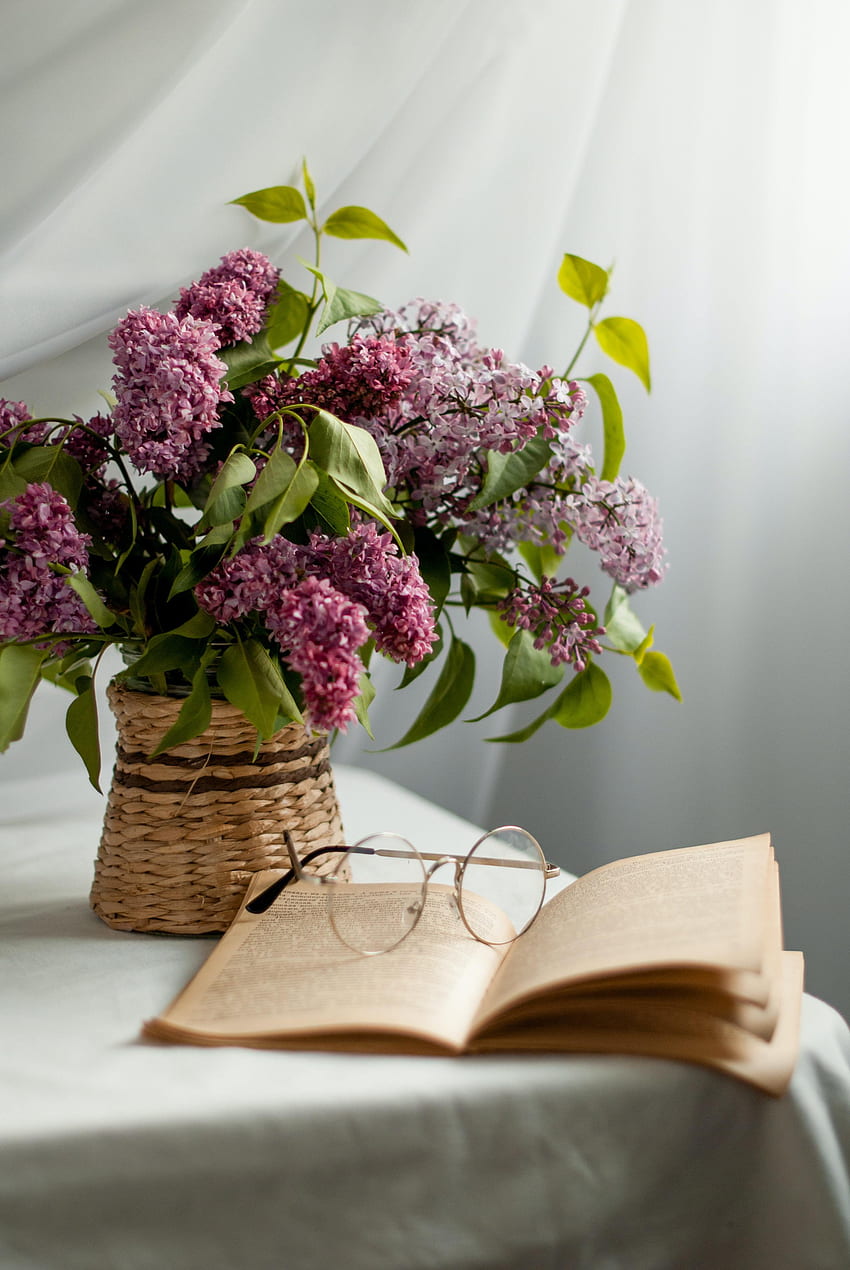 Flowers, Lilac, Book, Glasses, Spectacles HD phone wallpaper