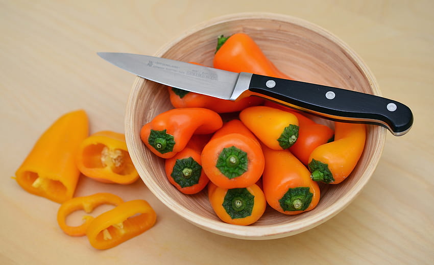 żywność, warzywa, papryka, bułgarski pieprz, nóż Tapeta HD