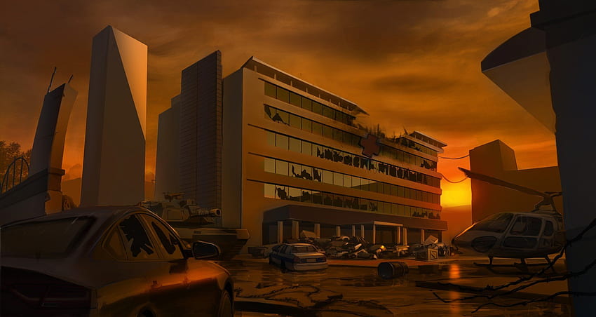 artwork, Illustration, Sunset, Apocalyptic, Abandoned, Helicopters, Hospital / and Mobile & HD wallpaper