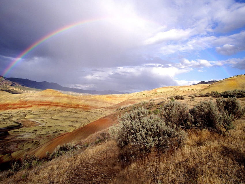 レインボー オーバー ザ ペインテッド ヒルズ ジョン デイ 化石層 国定公園 オレゴン州, 風景, 自然, 美しさ 高画質の壁紙