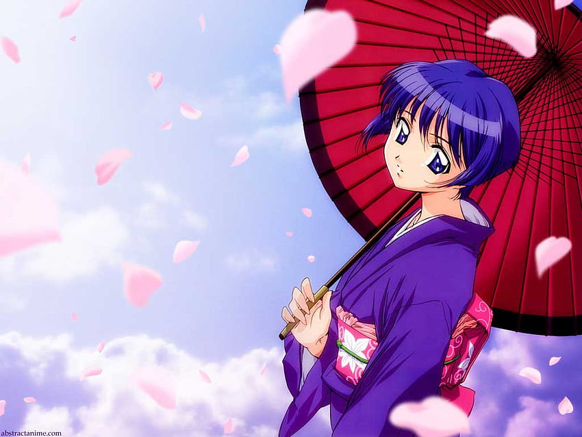 Ai-Yori-Aoshi-bleu-Indigo, blau, Regenschirm, Kimono, Indigo, Bleichmittel, Anime, ai yori aoshi, Mädchen, Himmel HD-Hintergrundbild