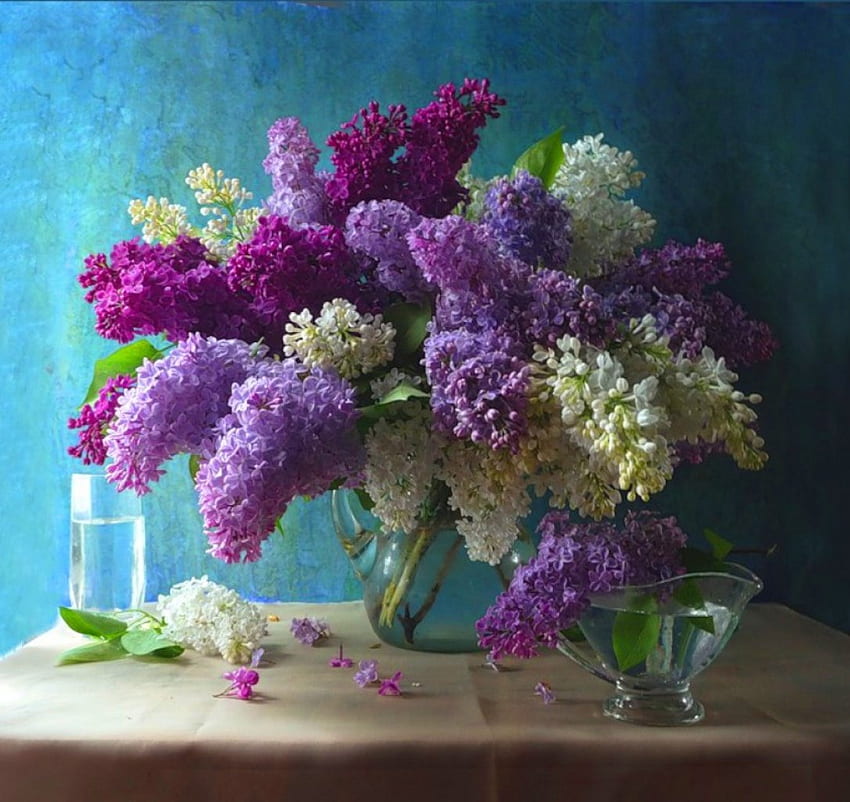 Люляци Натюрморт, люляци, ваза, цветя, абстрактно HD тапет