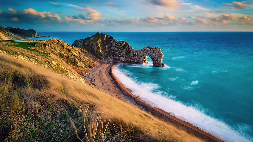 The Jurassic Coast, Dorset, England, sky, rocks, arch, sea, landscape, clouds HD wallpaper