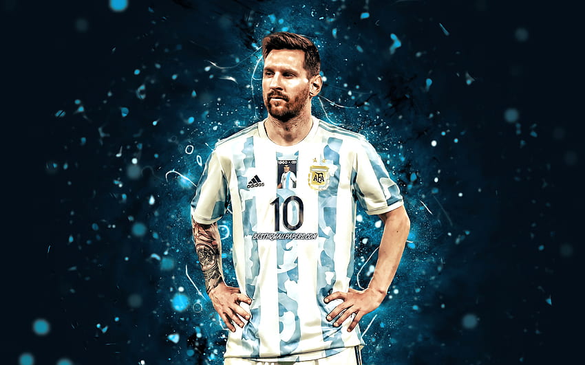 Lionel Messi, football stars, , Argentina national football team, Leo Messi, blue neon lights, soccer, Messi, Argentine National Team, Lionel Messi HD wallpaper