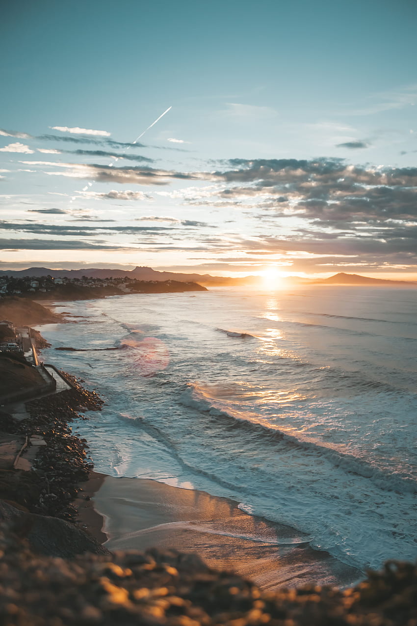 風景, 自然, 夕日, 海, ビーチ, 海岸 HD電話の壁紙