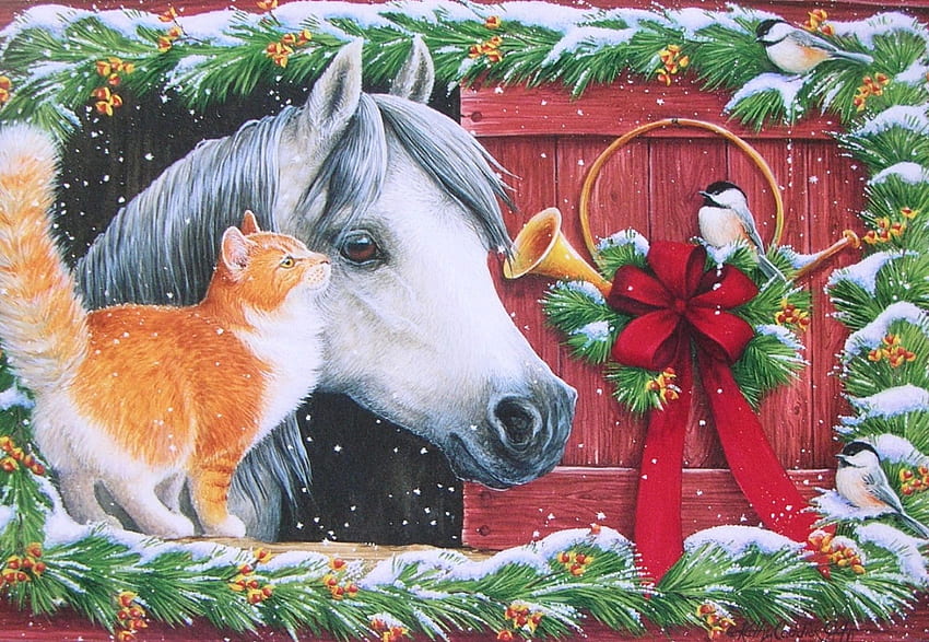 CHRISTMAS CARD, BOW, HORSE, DOOR, BARN, RED, CAT HD wallpaper