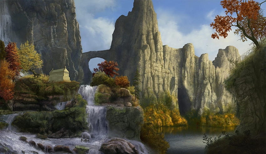 Natur, Bäume, Fantasie, Himmel, Felsen, Wasserfall HD-Hintergrundbild
