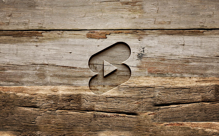 Logo en bois du short Youtube, , arrière-plans en bois, réseaux sociaux, logo du short Youtube, créatif, sculpture sur bois, short Youtube Fond d'écran HD