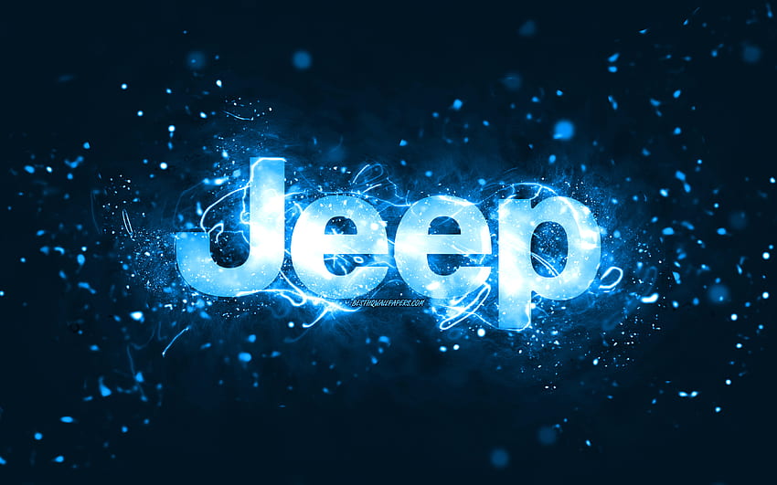 Jeep blue logo, , blue neon lights, creative, blue abstract background, Jeep logo, cars brands, Jeep HD wallpaper