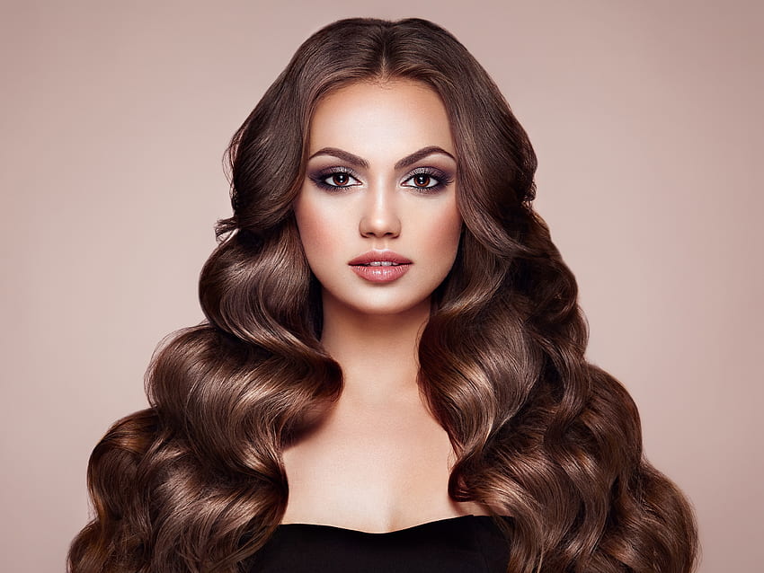 Woman model, curly hair, makeup, brunette HD wallpaper