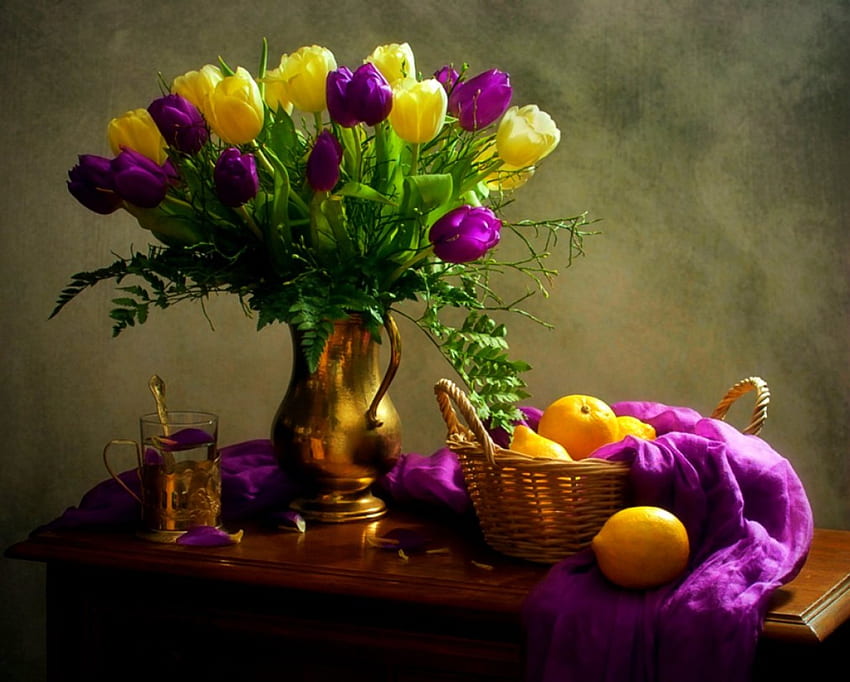 Still Life, tulip, lemons, purple tulips, vase, tulips, ywllow tulips, with love, nature, flowers HD wallpaper