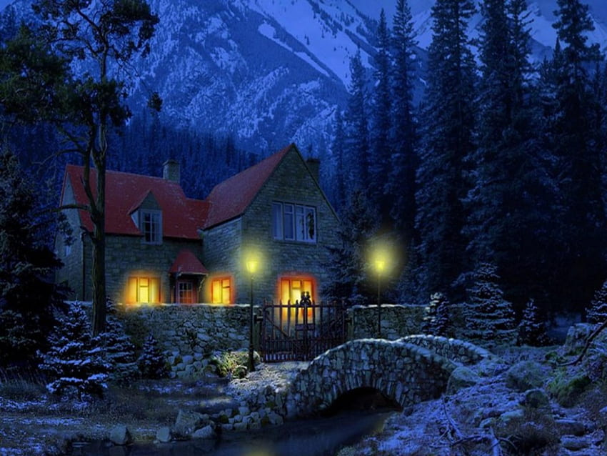 ciemna zimowa noc, zima, noc, ciemność, dom Tapeta HD