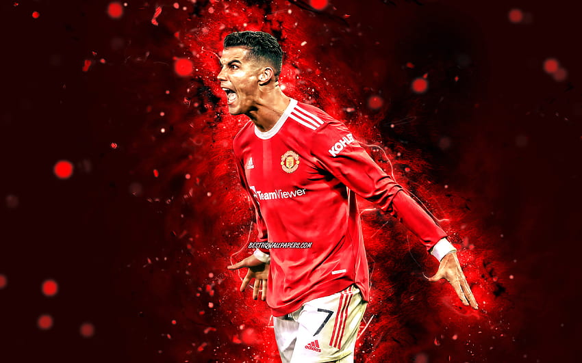 Cristiano Ronaldo, , gol, Manchester United, lampu neon merah, bintang sepak bola, CR7, kegembiraan, Manchester United FC, Cristiano Ronaldo , Cristiano Ronaldo Manchester United, CR7 Man United Wallpaper HD