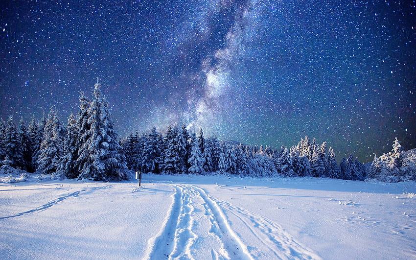 inverno. Paesaggio notturno, cielo invernale, notte di neve, Natale in Norvegia Sfondo HD