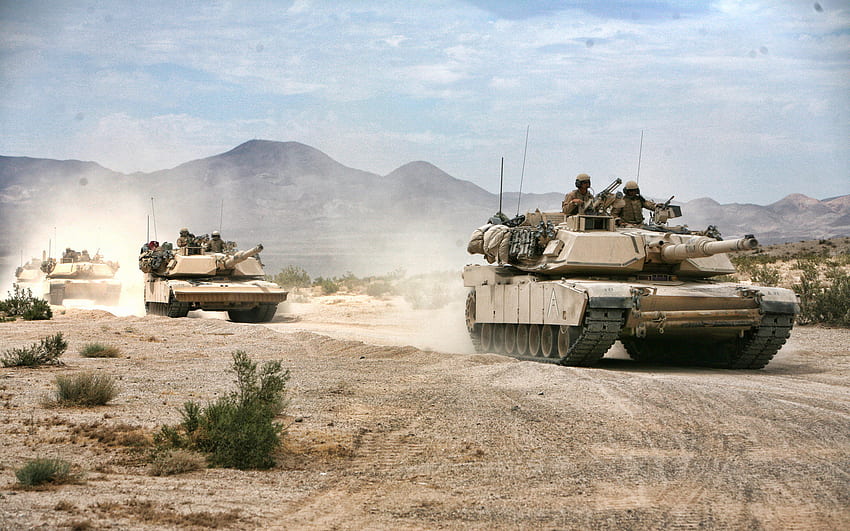 M1A2 Abrams, kolumna czołgów, Irak, amerykański czołg podstawowy, pustynia, nowoczesne pojazdy opancerzone, czołgi, US Army, USA Tapeta HD