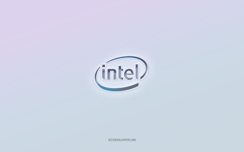 Logo Intel, wycięty tekst 3D, białe tło, logo Intel 3D, emblemat Intel, Intel, wytłoczone logo, emblemat 3D Intel Tapeta HD