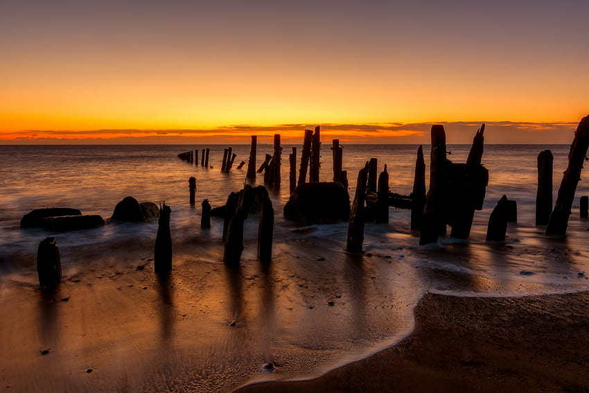 Buhnen, Sonnenuntergang, Meer, Strand HD-Hintergrundbild