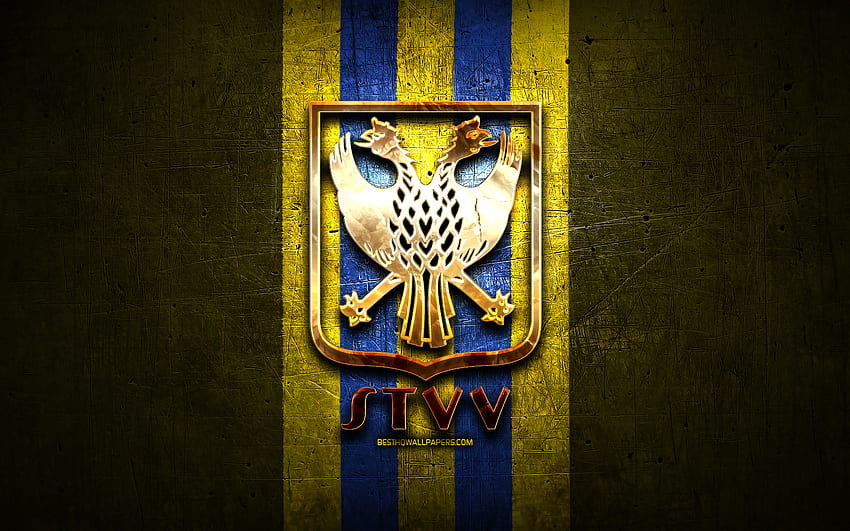 Sint-Truidense FC, златно лого, Jupiler Pro League, жълт метален фон, футбол, белгийски футболен клуб, лого Sint-Truidense VV, футбол, Sint-Truidense VV HD тапет